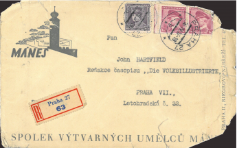 Briefumschlag des Kunstvereins Mánes (Prag) an die Redaktion der Volks-Illustrierten-Zeitung, John Heartfield (Prag), 16.4.1937, Akademie der Künste, Berlin, JHA, Nr. 427_002